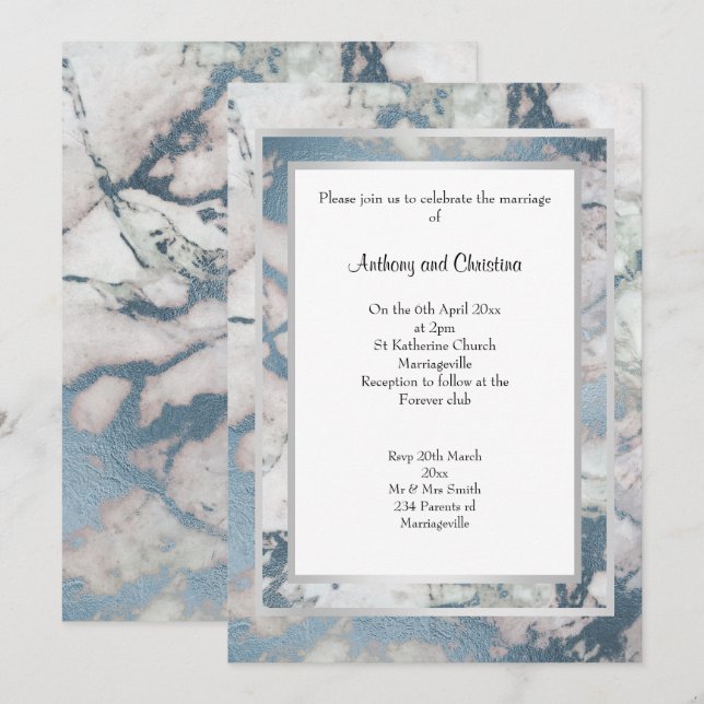 FAIRE-PART DE MARIAGE EN MARBRE D'ARGENT BLEU LUXE (Devant / Derrière)