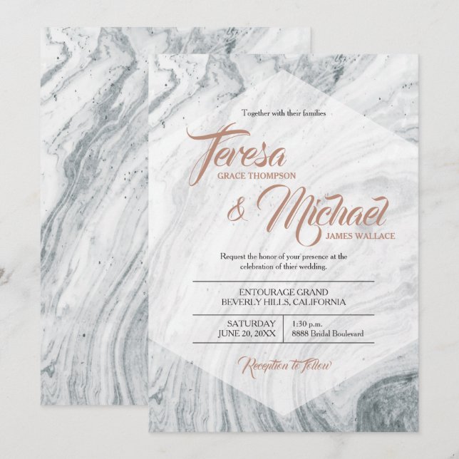 Faire-part de mariage en marbre, Faux Rosegold, Po (Devant / Derrière)
