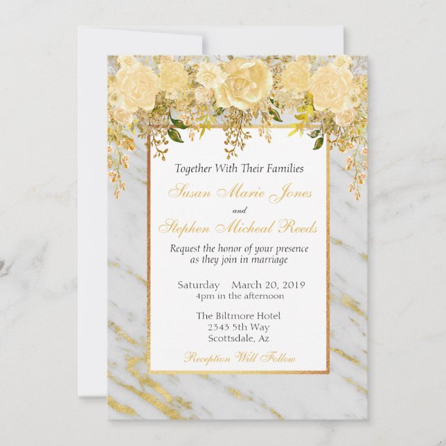 Faire-part de mariage en marbre métal or (Devant)