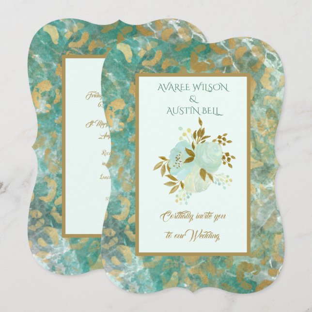 Faire-part de mariage en marbre turquoise et or (Devant / Derrière)