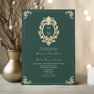 Faire-part de mariage en or baroque vert émeraude
