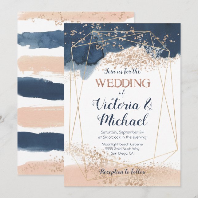 Faire-part de mariage en or bleu rose bleu marine (Devant / Derrière)