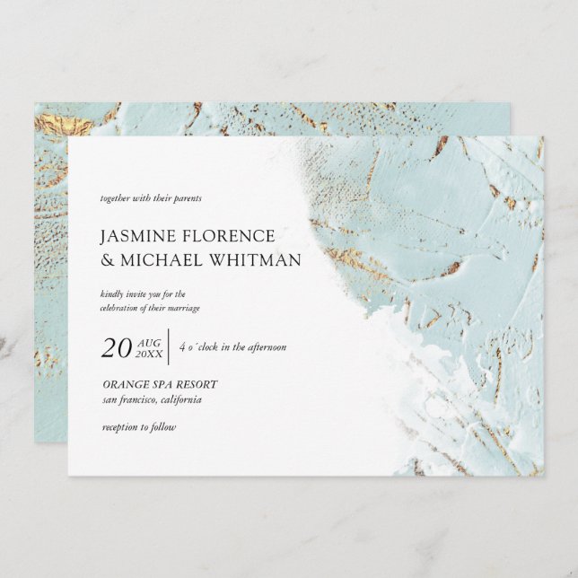 faire-part de mariage en or bleu texturé (Devant / Derrière)