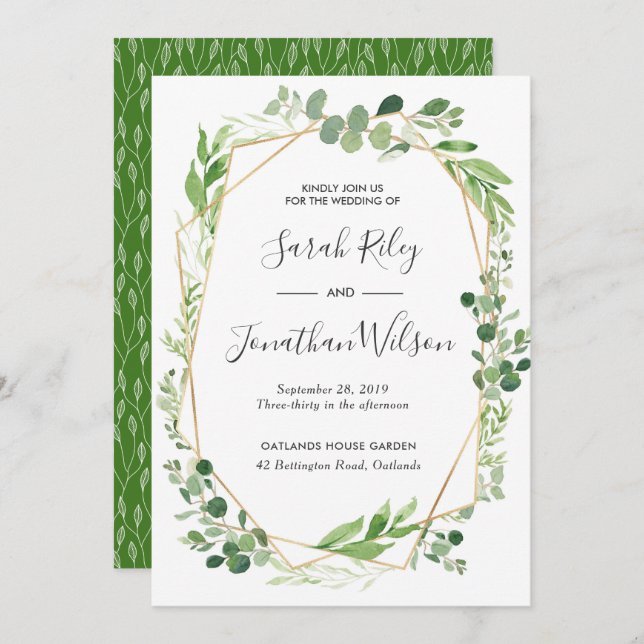 Faire-part de mariage en or feuille vert (Devant / Derrière)