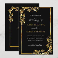 Faire-part de mariage en or noir encadré de feuill