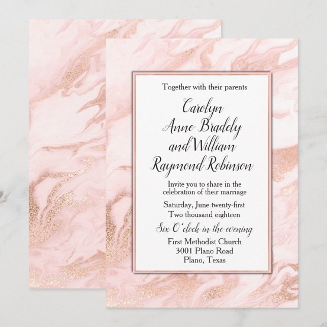 Faire-part de mariage en or rose et marbré (Devant / Derrière)