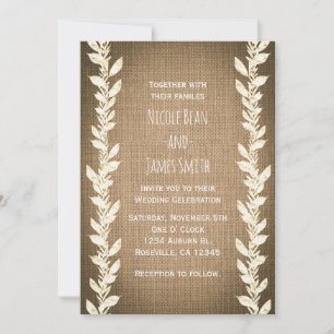 Faire-part de mariage en toile de jute et feuilles