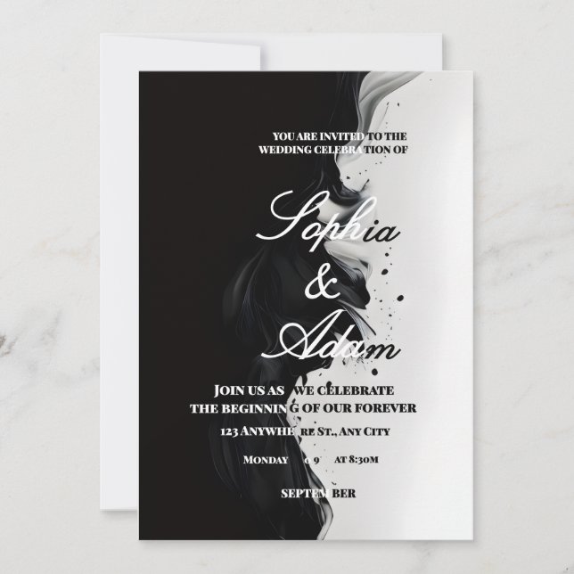 Faire-part de mariage encre d'art noir et blanc (Devant)
