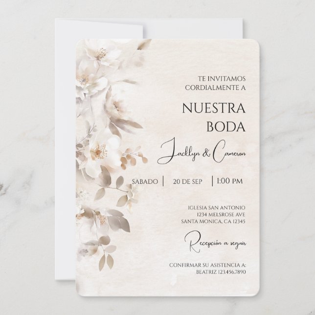 Faire-part de mariage espagnol à fleurs blanches (Devant)