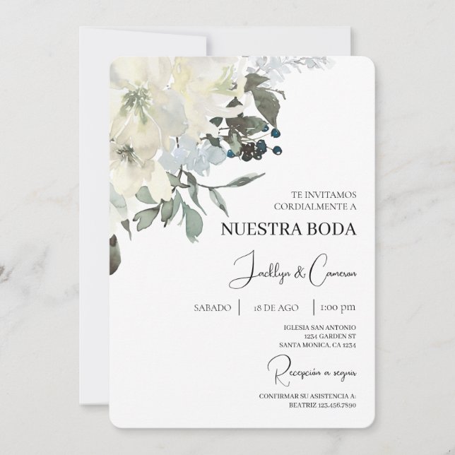 Faire-part de mariage espagnol à fleurs blanches (Devant)