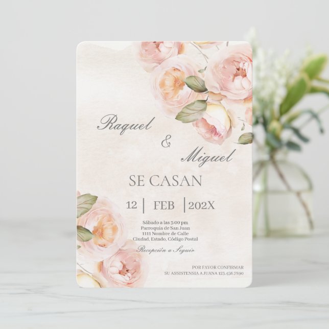 Faire-part de mariage espagnol beige fleur de pêch (Debout devant)