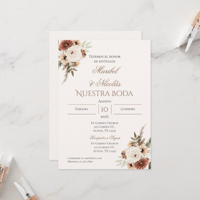 Faire-part de mariage espagnol Boho (Devant/Arrière en situation)