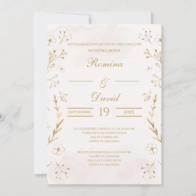 Faire-part de mariage espagnole or et beige (Devant)