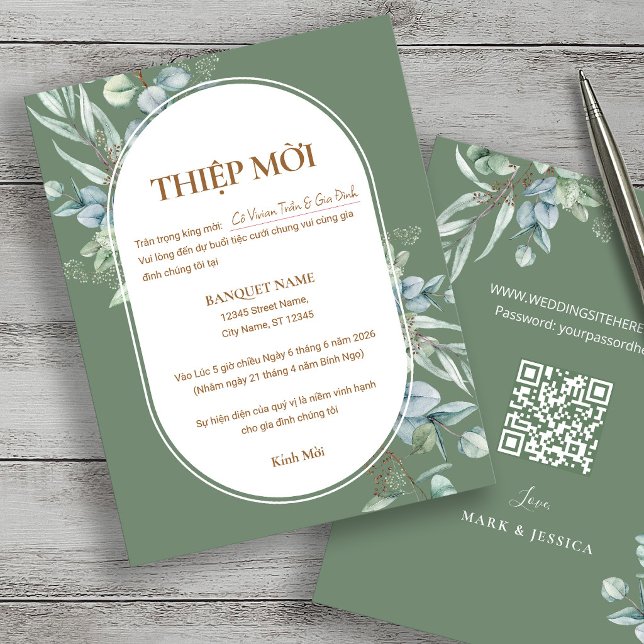 Faire-part de mariage Eucalyptus vietnamien avec Q (Créateur téléchargé)