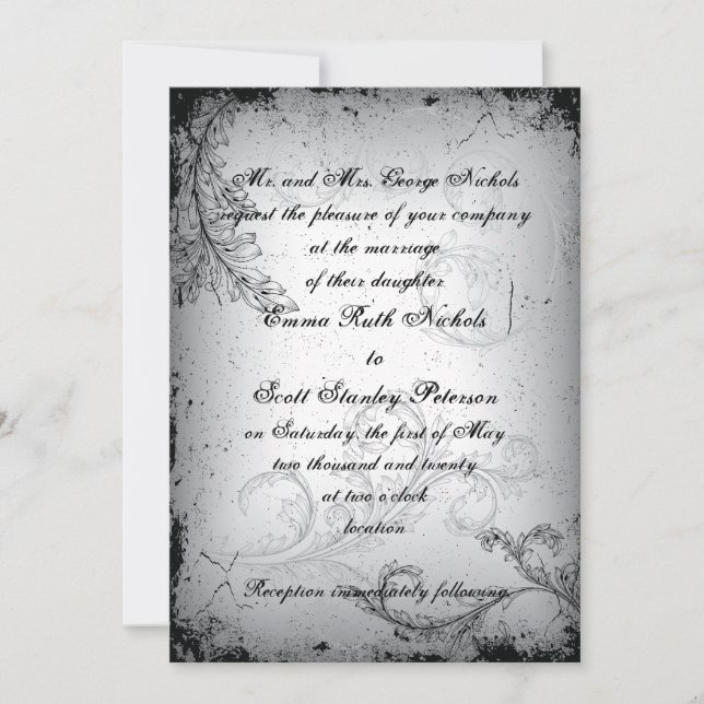 faire-part de mariage feuille de défilement gris v (Devant)
