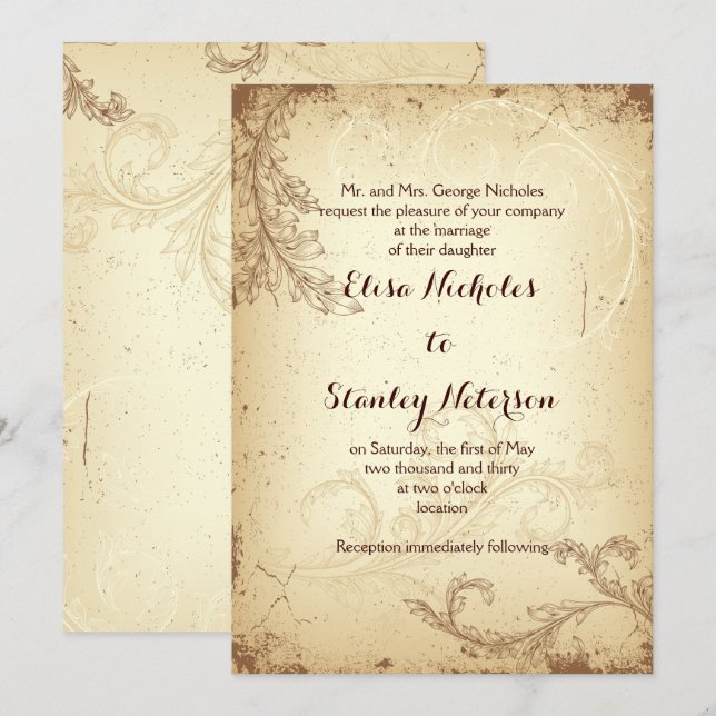faire-part de mariage feuille de scroll beige vint (Devant / Derrière)