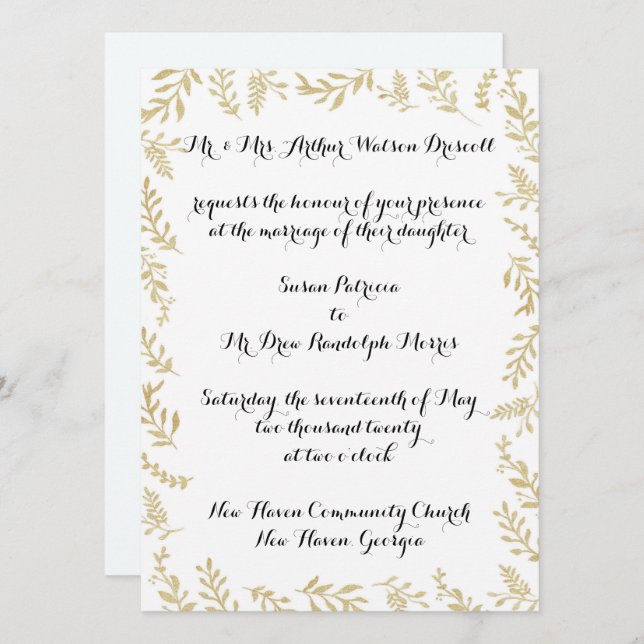 Faire-part de mariage Feuilles Chic Gold Foil (Devant / Derrière)
