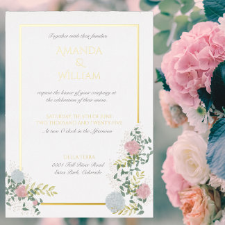 Faire-part de mariage finement fleuri avec or