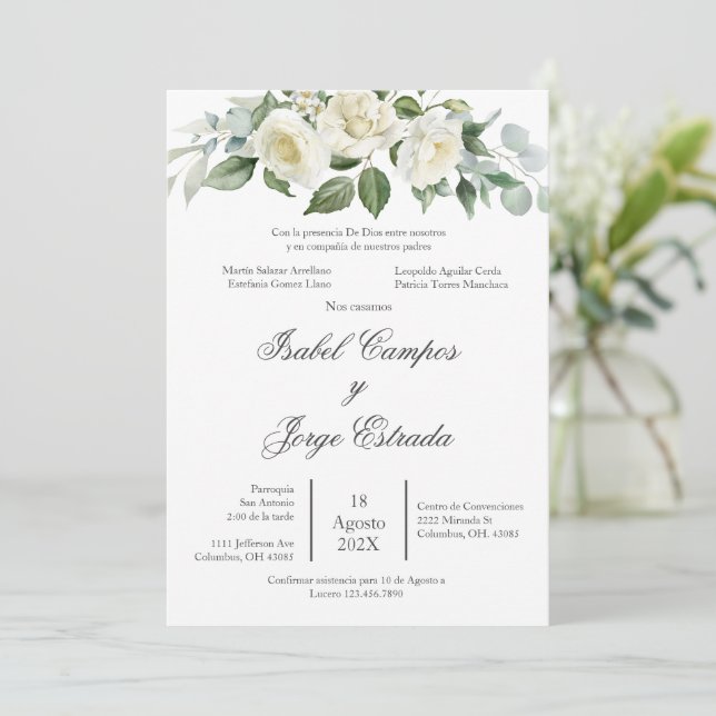 Faire-part de mariage Fleur blanche Verdure (Debout devant)
