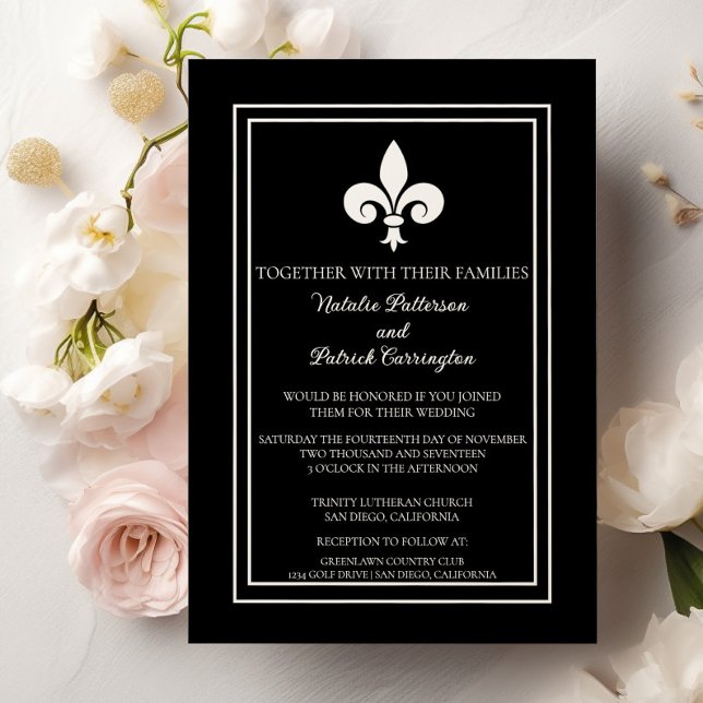 Faire-part de mariage Fleur de Lis (Black Fleur de Lis Wedding Invitation)