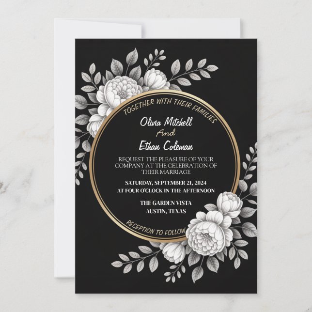 Faire-part de mariage Fleur Élégante Noir & Blanc (Devant)