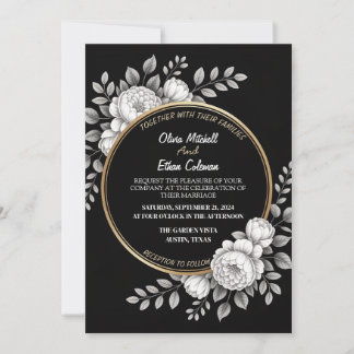 Faire-part de mariage Fleur Élégante Noir & Blanc