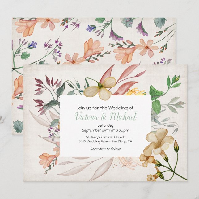 Faire-part de mariage fleur sauvage à cadre fleuri (Devant / Derrière)