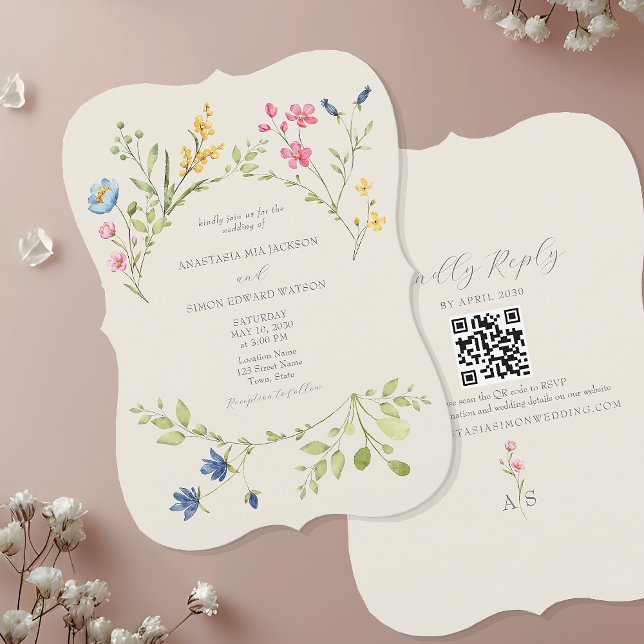 Faire-part de mariage fleur sauvage avec code QR (Créateur téléchargé)