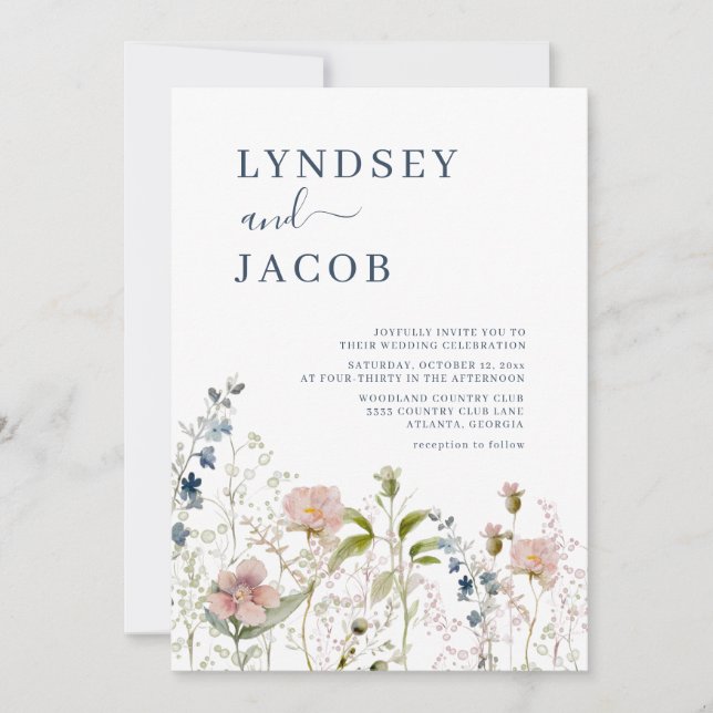 Faire-part de mariage Fleur sauvage bleu foncé (Devant)
