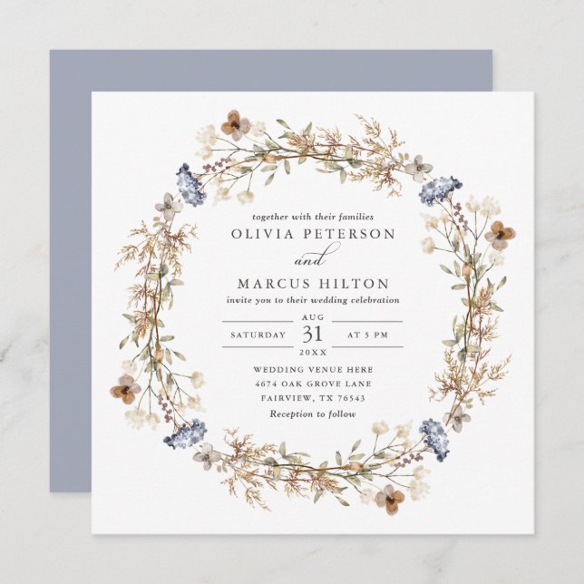 Faire-part de mariage Fleur sauvage Dusty Blue Boh (Devant / Derrière)