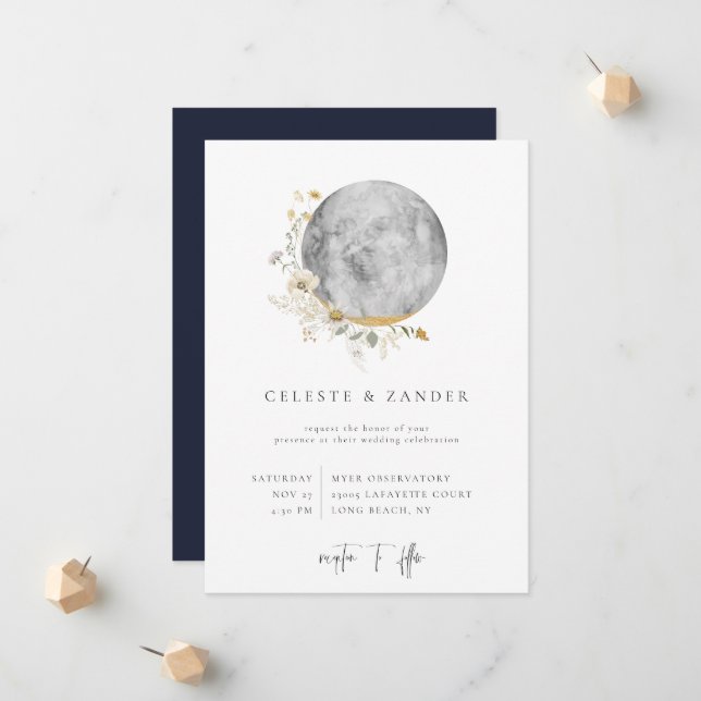 Faire-part de mariage Fleur sauvage Lune dorée (Devant/Arrière en situation)