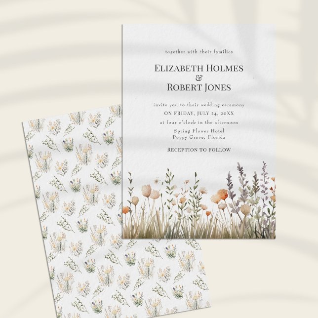 Faire-part de mariage Fleur sauvage Peach Watercol (Peach Watercolor Wildflower Wedding Invitation on a sunny white table.)