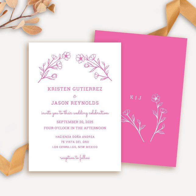 Faire-part de mariage Fleur sauvage rose chaud (Wildflower Wedding Invitation in Hot Pink)