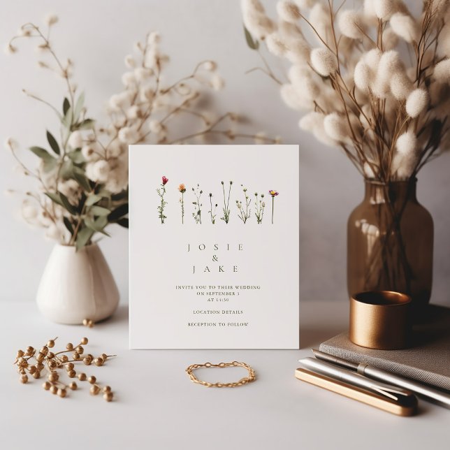 Faire-part de mariage fleur sauvage simple (A minimalist design with delicate wild flowers, this invitation exudes elegance and charm. )