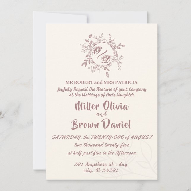 faire-part de mariage fleuri beige marron (Devant)