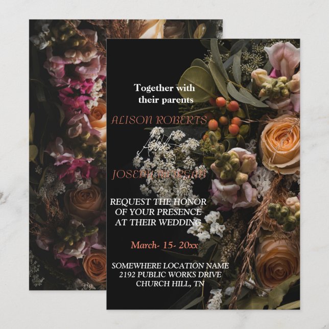 Faire-part de mariage fleuri orange chic (Devant / Derrière)