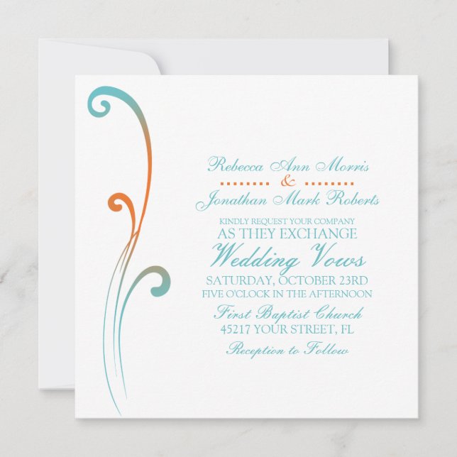 Faire-part de mariage fleuri orange et Turquoise (Devant)