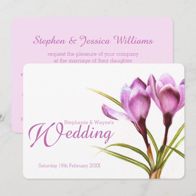 Faire-part de mariage fleuri pourpre de Crocus (Devant / Derrière)