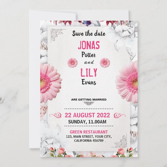 Faire-part de mariage fleuri rose or rose (Devant)
