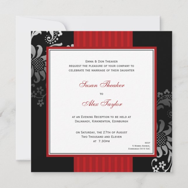 Faire-part de mariage fleuri rouge et noir de (Devant)