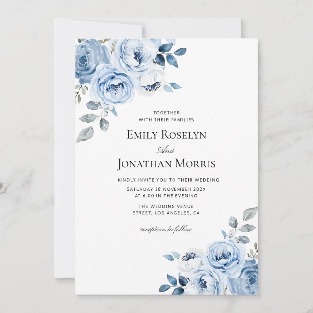 faire-part de mariage fleurie bleu boho (Devant)