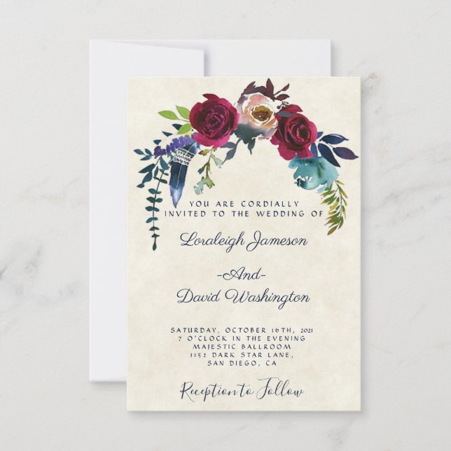 Faire-part de mariage fleurie de Boho rouge (Devant)