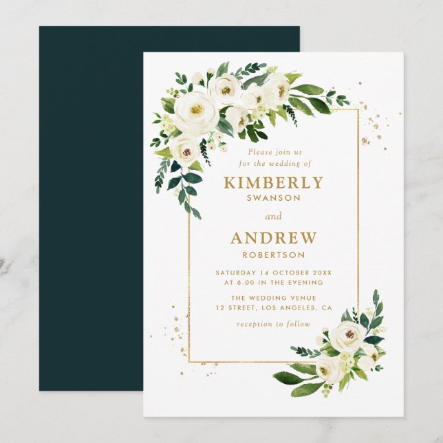 faire-part de mariage fleurie or et verte (Devant / Derrière)