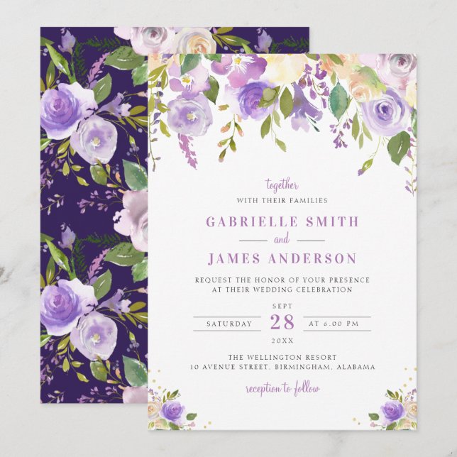faire-part de mariage fleurie pourpre, mauve et pê (Devant / Derrière)