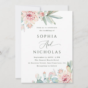 Faire-part de mariage Fleurs et Cactus Aquarelle. 