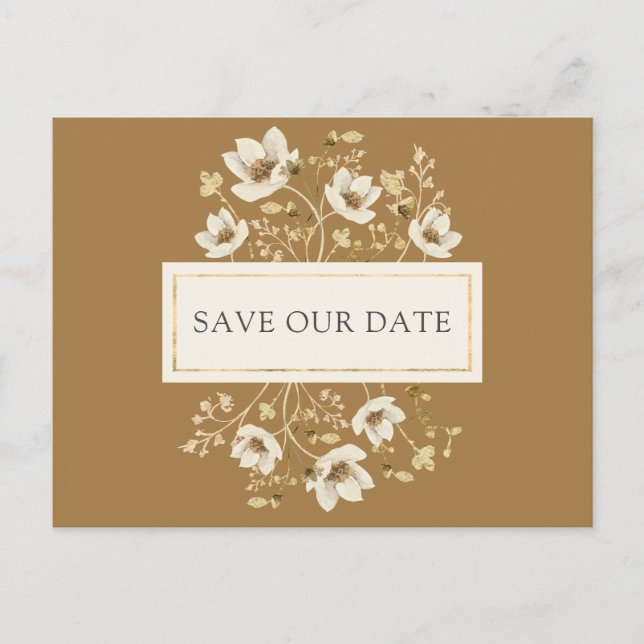 Faire-part de mariage floral à la crème dorée (Devant)