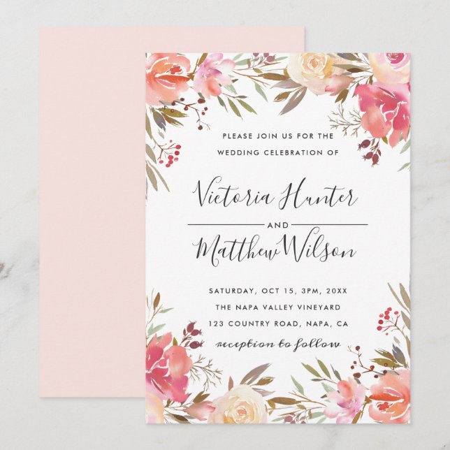 Faire-part de mariage floral à la touche romantiqu (Devant / Derrière)