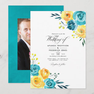 Faire-part de mariage floral à l'aquarelle turquoi