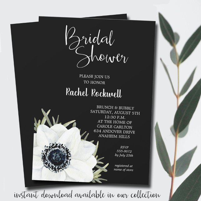 Faire-part de mariage floral Anémones Noir Blanc (INSTANT DOWNLOAD AVAILABLE IN OUR COLLECTION)