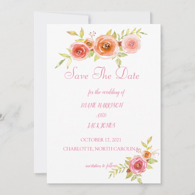 Faire-part de mariage floral aquarelle aux roses (Devant)